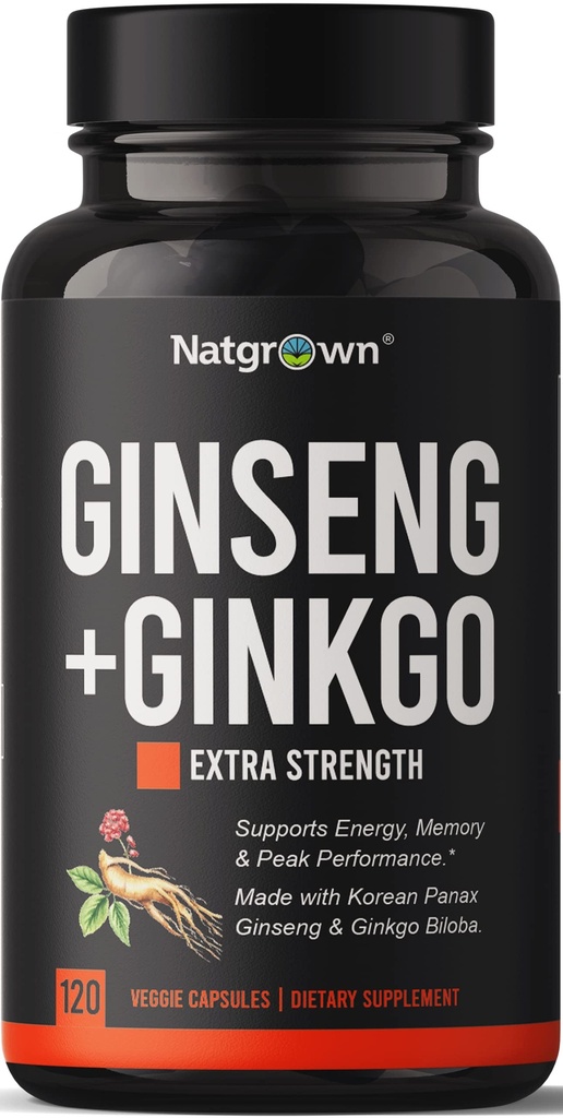 Natgrown Panax Ginseng & Ginkgo Biloba täiendus - punane Korea ženšenn & Ginko Biloba kapslid meestele ja naistele - toetab mälu fookust & aju funktsiooni - Vegan pillid - 120 loend