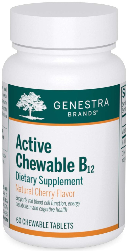 Genestra Brands Active näritav B12 | Näritav vitamiin B12 tablett | 60 närimistabletti | looduslik kirsi maitse