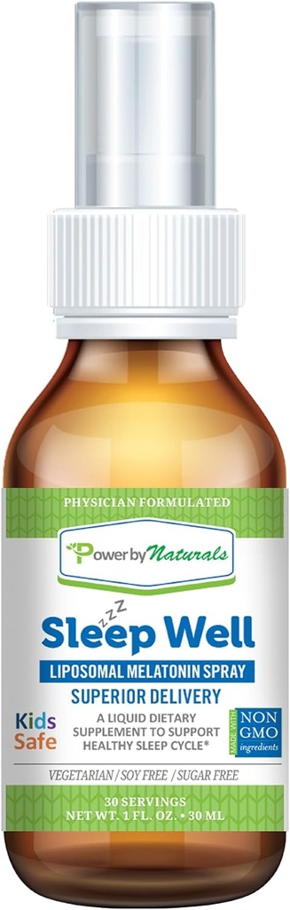 Power by Naturals - Sleep Well - Liposomal Melatoniini pihustus - 3 milligrammi melatoniini lastele ja täiskasvanutele, 30 serveerimist