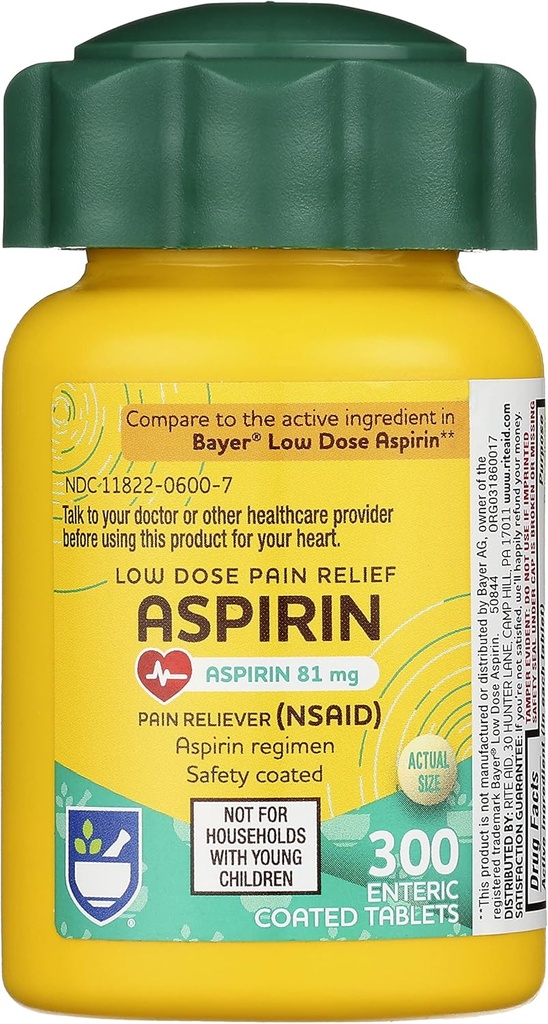 Rite Aid Aspiriin Enteric Tablets, 81 mg Aspirin - 300 loend, väikese annusega valu leevendamine, aspiriin peavalu leevendamiseks, Enteric Safety kaetud tabletid, aspiriini regimen, migreeniravim, valu leevendamine