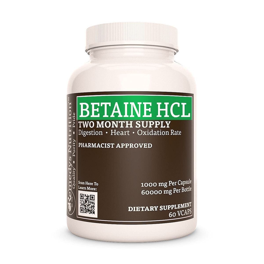 Remedy's Nutrition Betaine HCL (Hydrochloride) | 1000 mg, 60 kapslit Dietary Supplement | Kahe kuu pakkumine | Sisaldab ka kaltsiumkarbonaati, papaiini ja bromelaini