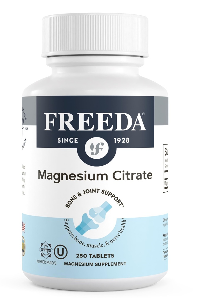 Freeda Magneesiumtsitraat 400mg ühe serveerimise kohta - suure imendumisega magneesiumtsitraadi tabletid - närvide ja luude tervise jaoks olulised mineraalid - Vegan, Kosher, Gluteenivaba magneesiumilisand (250 Ct)