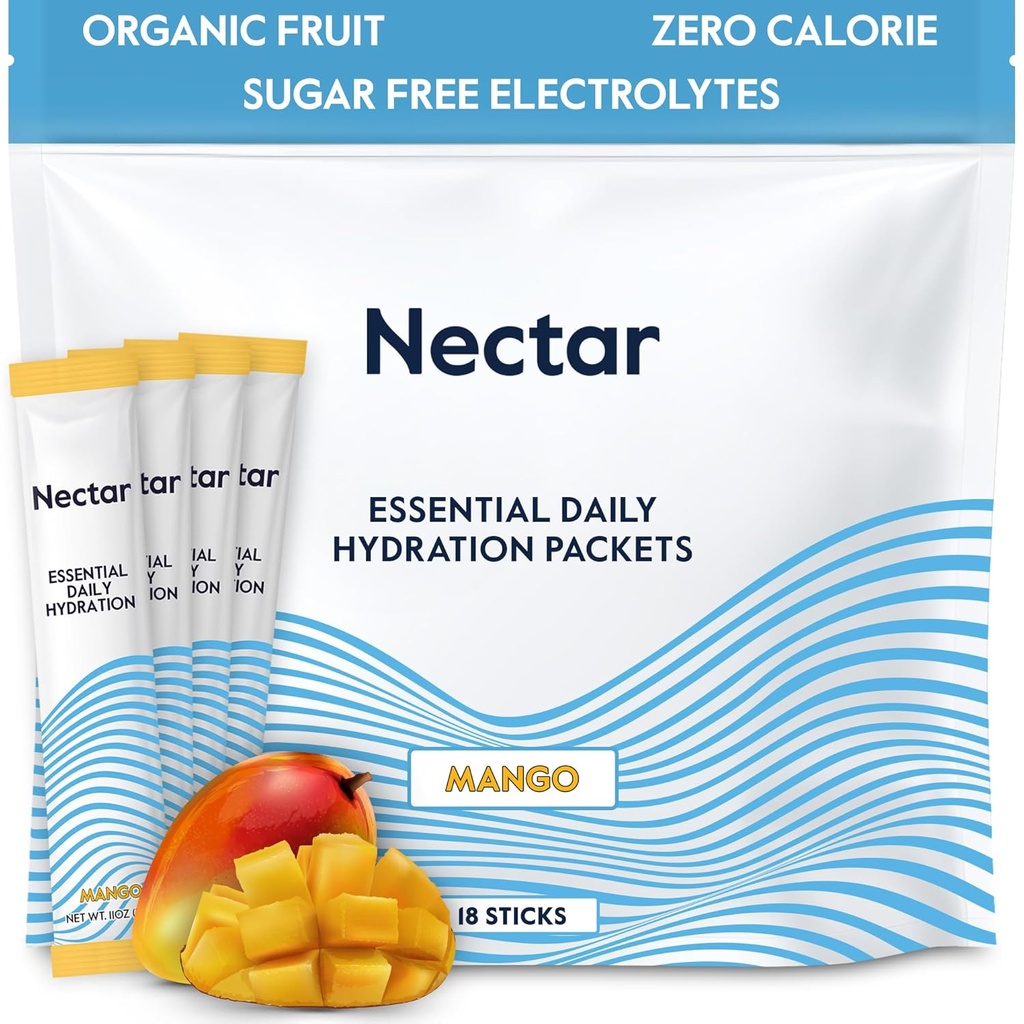 Nectar Hydration Packets - Electrolytes Powder Packets - Sugar Free & 0 Calorie - Organic Fruit Vedel Daily IV Hydrate Sticks for Dehüdration Relief & Rapid Rehüdration (Mango 18 Pack)