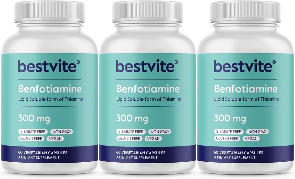 Benfotiamiin 300mg (180 taimekapslit) (60x3) Ei Steaate - Ei ränidioksiidi - Vegan - Mitte GMO - Gluteenivaba
