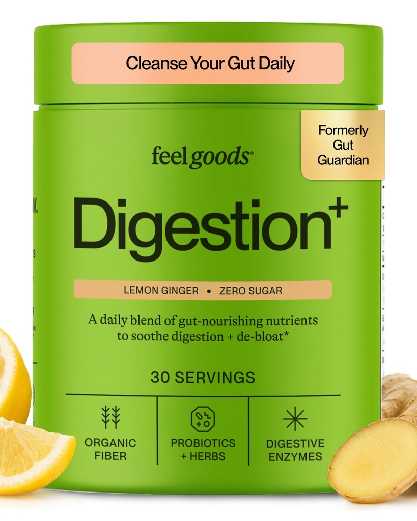 Feel Goods Gut Guardian, orgaaniline kiud, probiootikum ja prebiootiline pulber, suhkruvaba, maitsetaimed puhumiseks, soolestiku tervisetoetus, seedetrakt meestele ja naistele, non GMO, vegan, sidruni ingver, 30 serveerimist