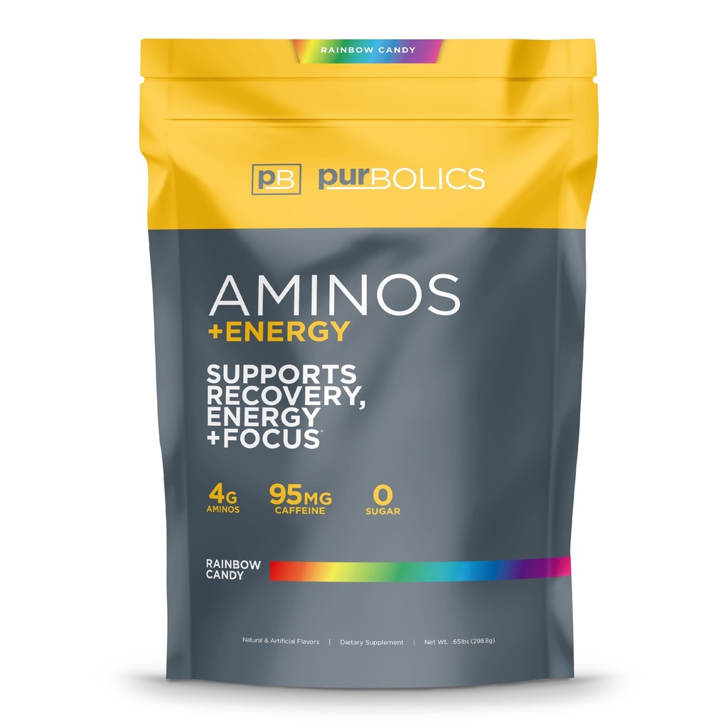 Purboolsed aminos + energia | toetab taastumist, energiat ja keskendumist | 95mg kofeiini, 0 suhkrut ja 60 serveerimist (Vikerkaare kommid)