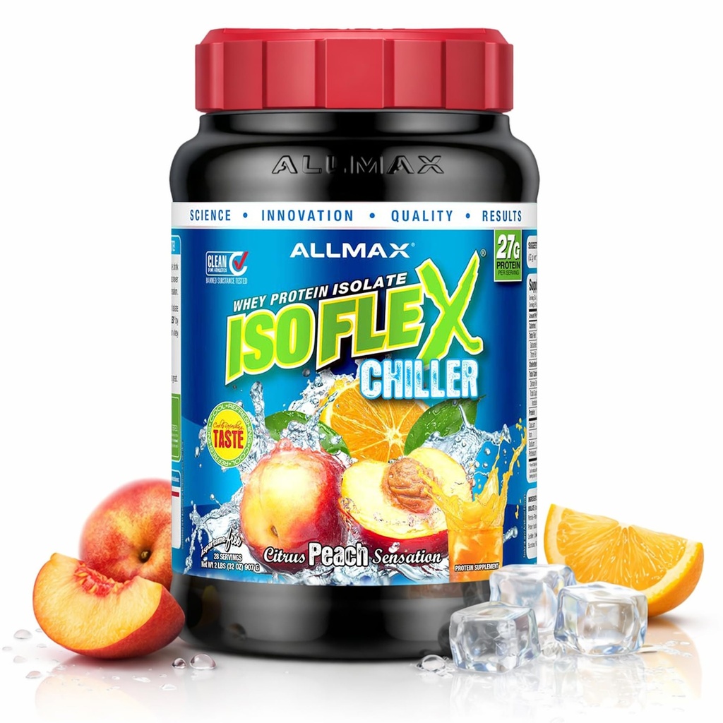ALLMAX Toitumine ISOFLEX Chiller, Citrus Peach Sensation - 2 naela - 27 grammi valku Scoopi kohta - nullrasva ja suhkrut - 99% laktoosivaba - ligikaudu 28 serveerimist