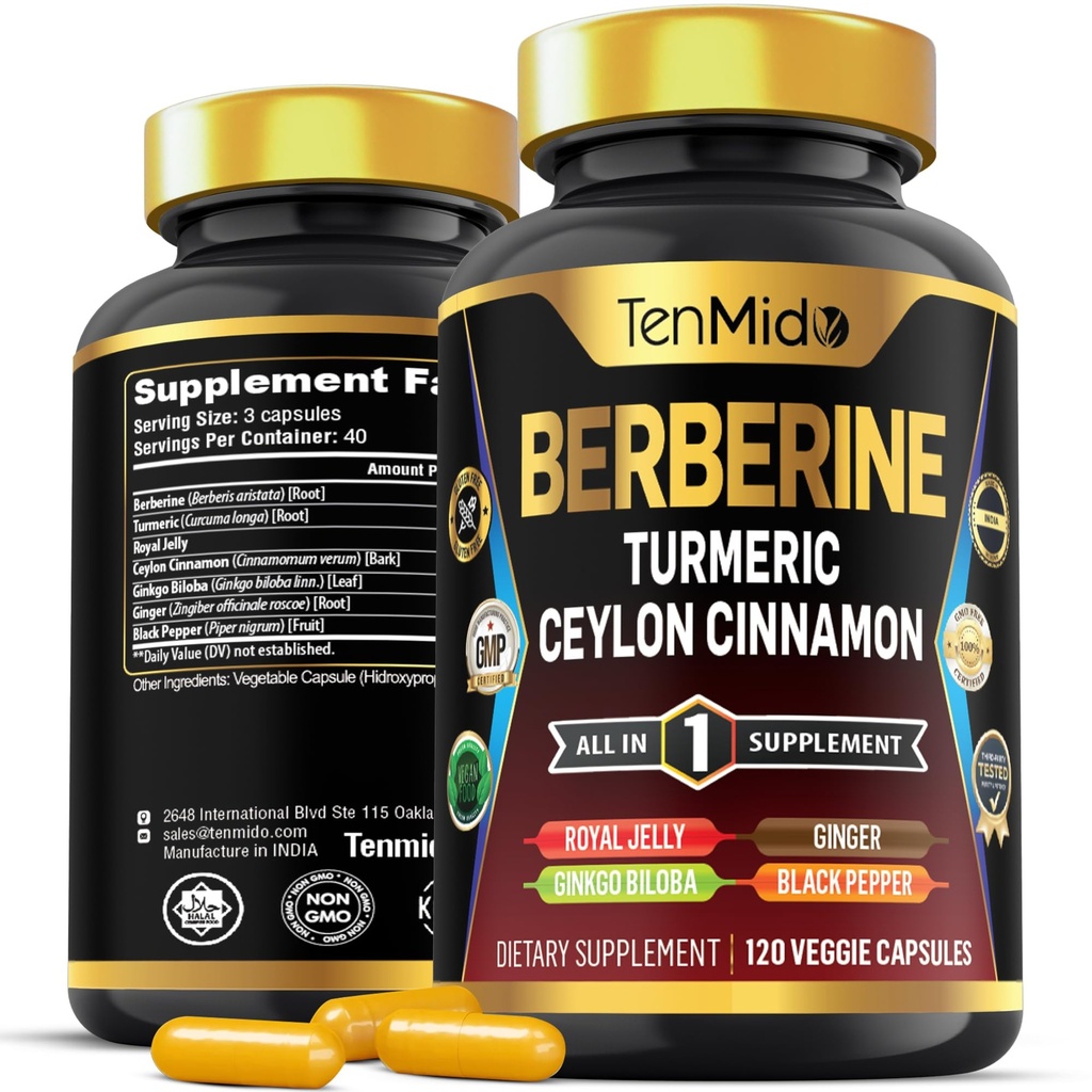 Berberine Supplement - 7in1 valem - Kombineerige kurkum, Royal Jelly, Ceylon Cinnamon, Ginkgo Biloba, Ingver & Black Pepper - Seedetrakti Tervis, Immune Support - 120 kapslit