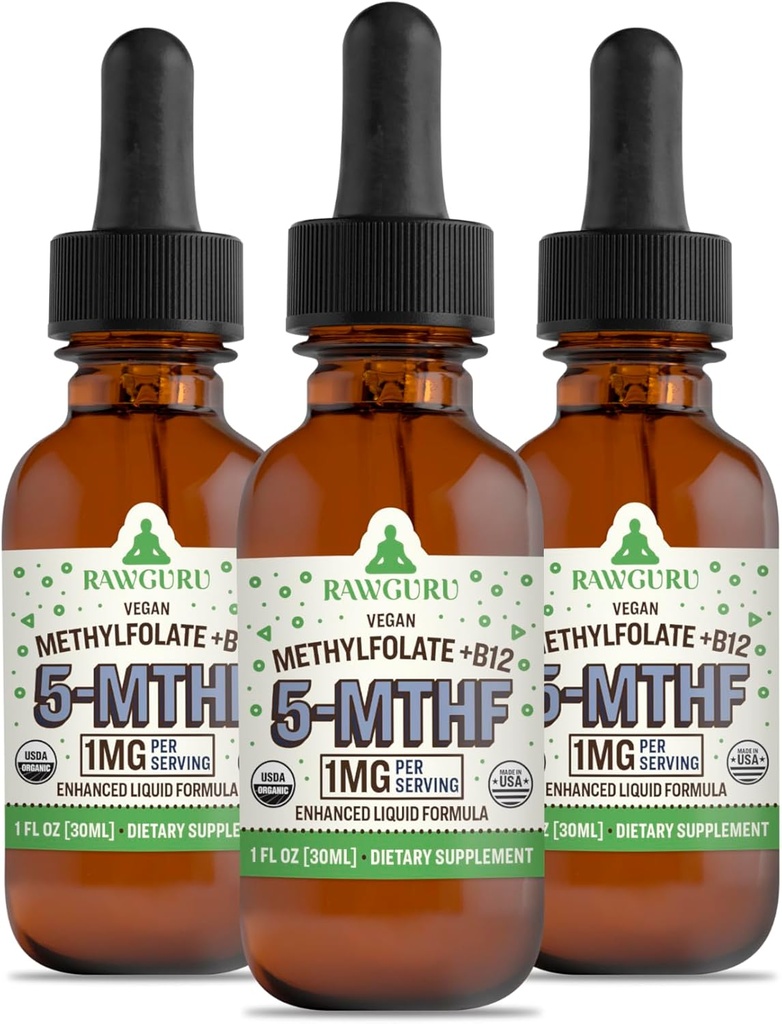 RawGuru Methylfolate 1mg+ Vitamiin B12 - Orgaaniline Vegan Methylated B12 koos jälgedega Minerals - Nano-töödeldud & Enhanced Vequid Formula - 300 Servings of Vegan tilgad 30 ml, Pakend 3