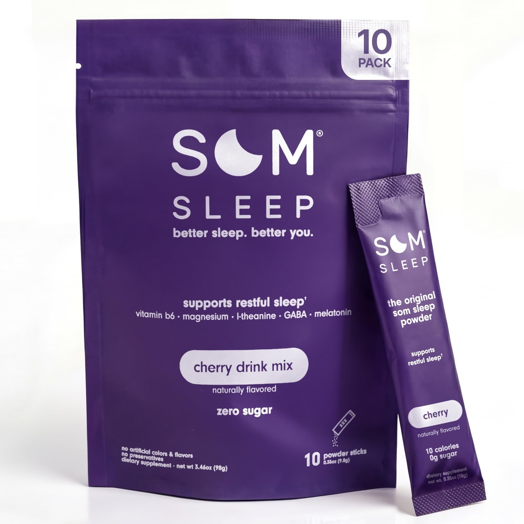 Som Sleep, Restful Sleep Powder Drink Mix w / melatoniin, magneesium, vitamiin B6, L-Theanine & GABA - Vegan, nullsuhkur, Keto Sõbralik - Kirss, 10 pakk