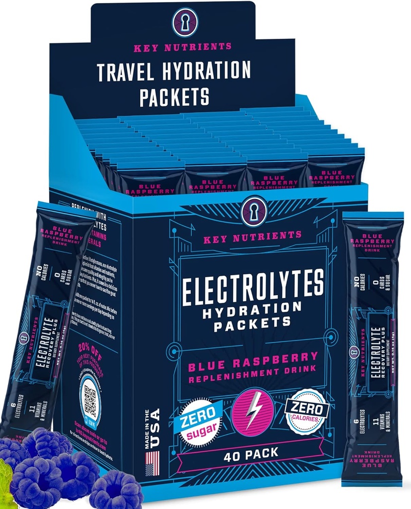 PÕHITOITAINED Elektrolüütide pulbripaketid - Maitsev sinine vaarika 40 Pakendi hüdratatsioonipaketid - Travel Hydration Powder - No Sugar, No Calories, Gluteenivaba - Valmistatud USA-s