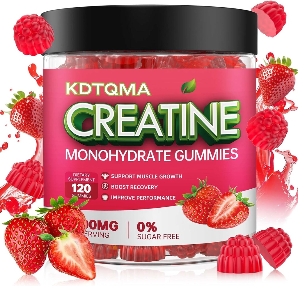 Kreatiinmonohüdraat Kummid meestele ja naistele 120 CT - 5600mg kreatiini monohüdraati ühe serveerimise kohta, näritav kreatiini monohüdraat lihaste toetamiseks ja energia suurendamiseks, suhkruvaba, vegan (maasikas maitse)