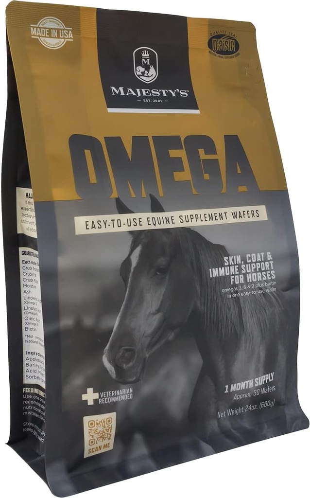 Majesty's Omega Vahvlid - Superior Horse / Hobuste nahk, mantel ja immuunsuse tugilisa - Omega 3, 6, 9 ja biotiin - 30 loend (1 kuu pakkumine)