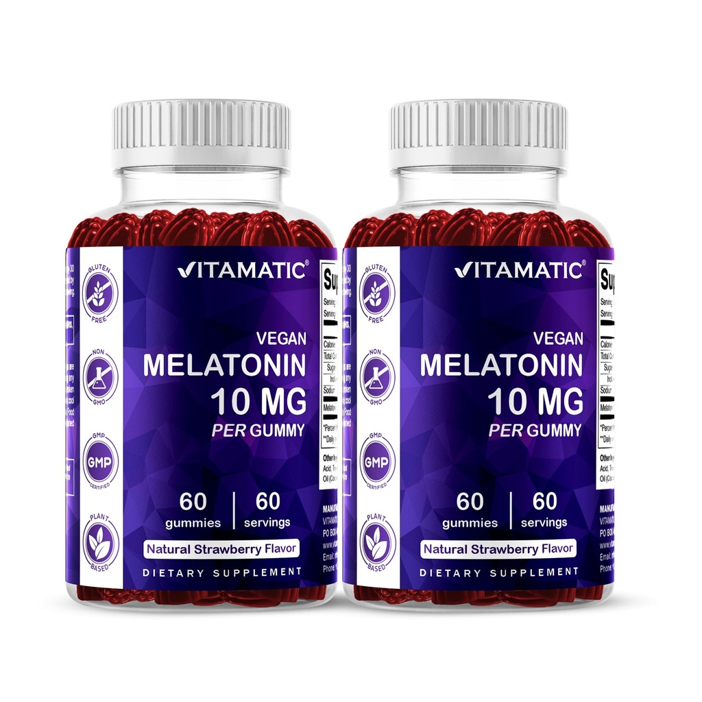 Vitamaatiline melatoniin 10 mg taimetoitlased kummid - mitte-harjumuste moodustamine - 60 kummikut pudeli kohta - 2-pakk (kokku 120 vegankummit)