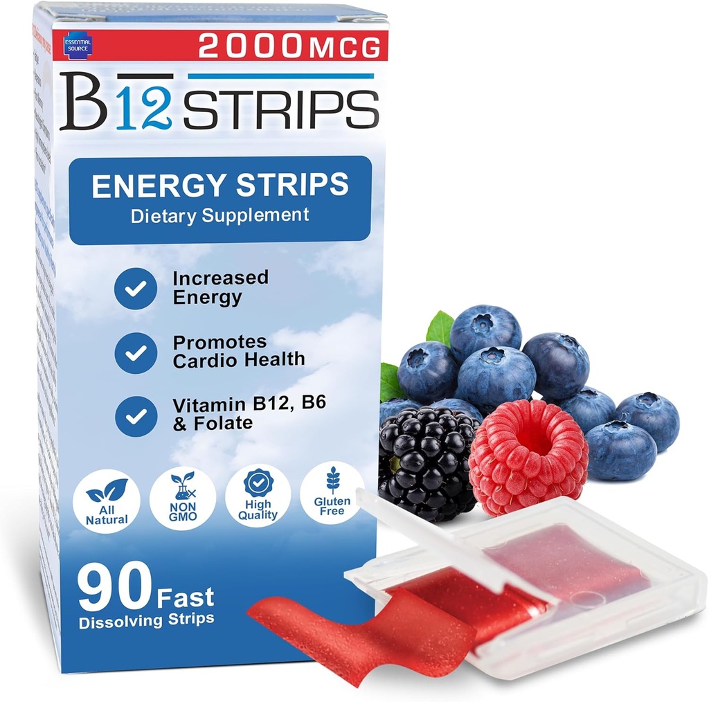 Oluline allikas 2000 mcg Metüülkobalamiin Vitamiin B12 Sublingvaalsed energiaribad | Biotiin, B6, 5-MTHF L-metüülfolaat | Sublingvaalne B12 vitamiinid, folaat | energia, aju tervis, närvifunktsioon - 90 riba