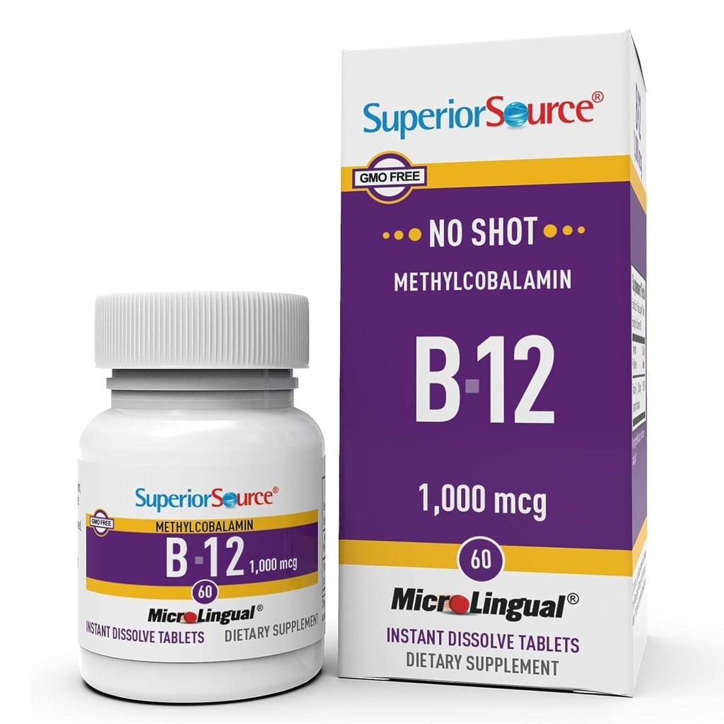 Superior Allikas No Shot Metüülkobalamiin B-12 1000 mcg - Vitamiin B-12, et toetada energia tootmist, aju tervist ja üldist heaolu - Kiire imendumise sublingvaalsed tabletid - 60 lahustuvat tabletti