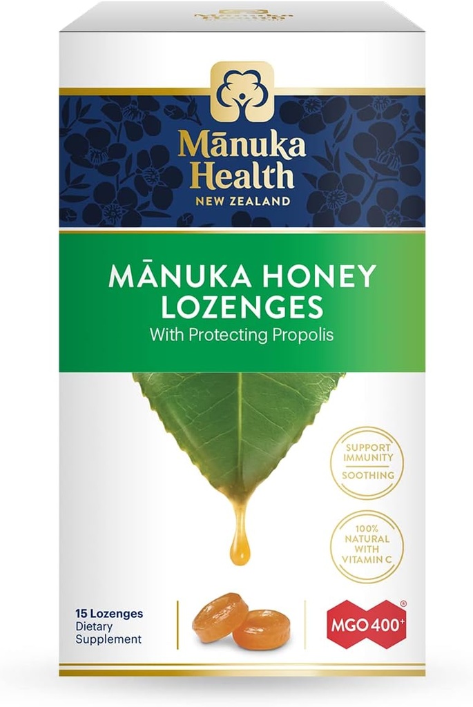 Manuka Health Manuka Honey Lozenges – 15 Propolis Lozenges – Natural Throat Lozenges infundeeritud toores Manuka Honey, Uus-Meremaa Propolis ja C-vitamiin immuunsüsteemi toetuseks
