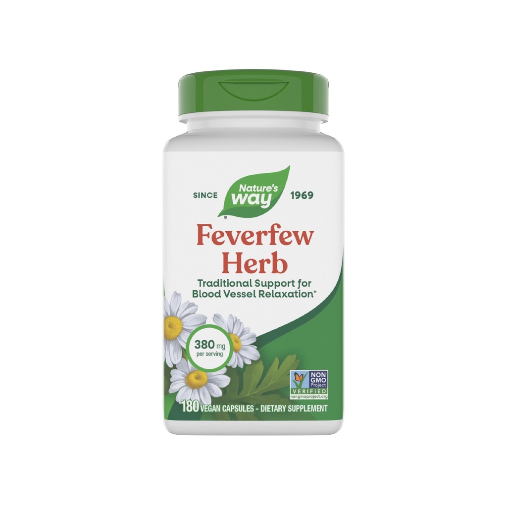Nature's Way Feverfew Herb, traditsiooniline tugi veresoonte lõõgastumiseks *, 380 mg ühe serveerimise kohta, mitte-GMO projekt kontrollitud, 180 Vegan Feverfew kapslit (pakendamine võib varieeruda)