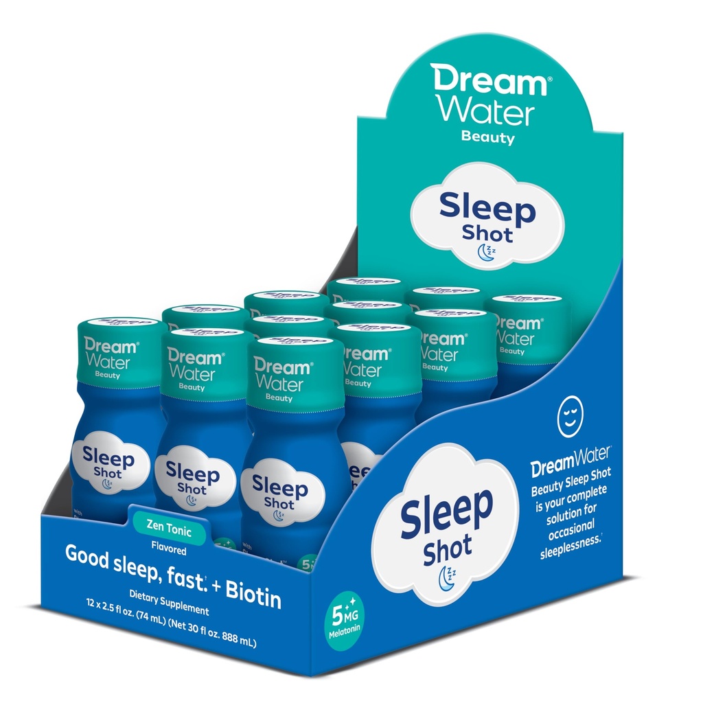Dream Water Beauty Sleep Aid Drink Supplement; Melatoniin 5mg, GABA, 5-HTP, Plus Biotin terve naha, juuste ja küünte jaoks; 2,5 oz Vedelad unekaadrid, Zen Tonic 12-Count