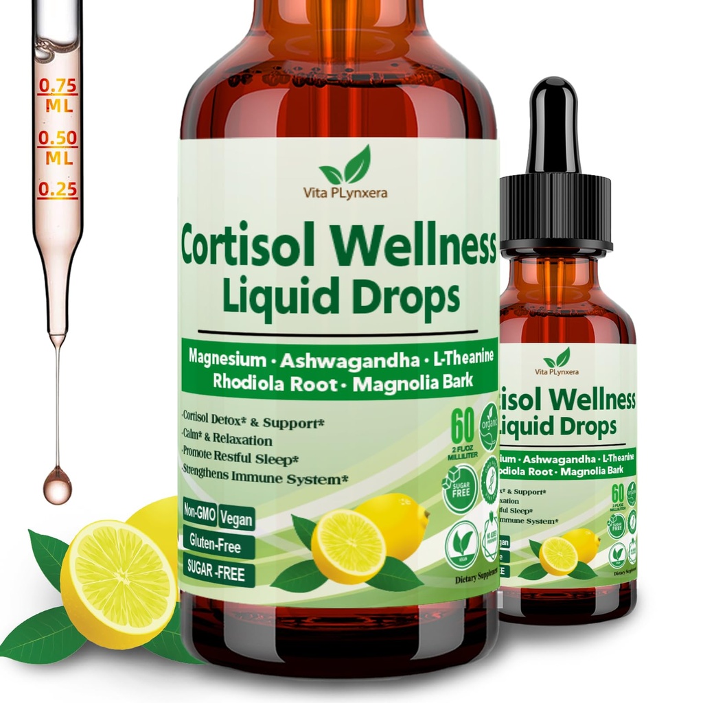 Kortisooli täiendus Vedelad tilgad, 17-in-1 kortisooli detox w. Magneesiumglütsinaat 400mg Ashwagandha, L-Theanine, fosfatidüülseriin, hormoon Tasakaalustatud naistele, meeleolu fookus, unetoetus