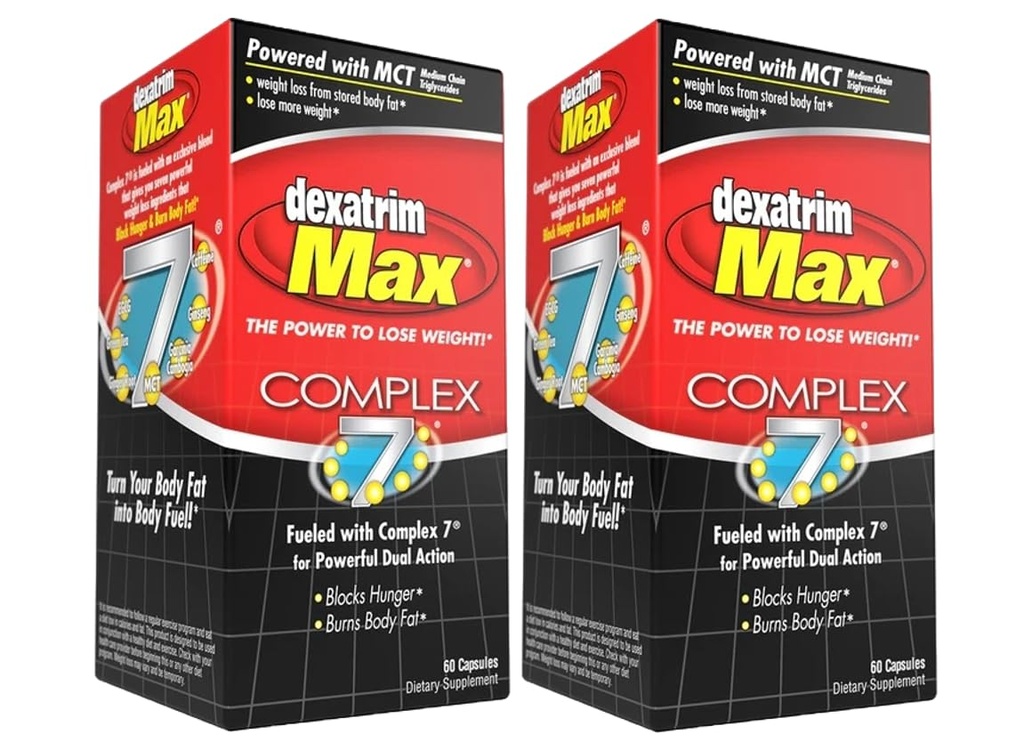 ILIOS Dexatrim Max Complex-7 | Dieet pillid kehakaalu langetamiseks - 7 võimsat koostisosa nälja ja keharasva vähendamiseks, rasvapõletaja toidulisandeid, kehakaalu langetamise pillid meestele ja naistele, 2 pakendit w/ 60 kapslit iga