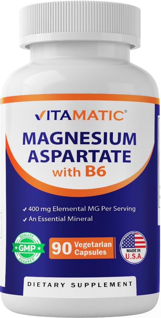 Vitamatic Magnesium Aspartate 400mg per Serving - 90 Taimekapslit - Lisatud B6 maksimaalse imendumise - toetab lihaste, liigeste ja südame tervist *