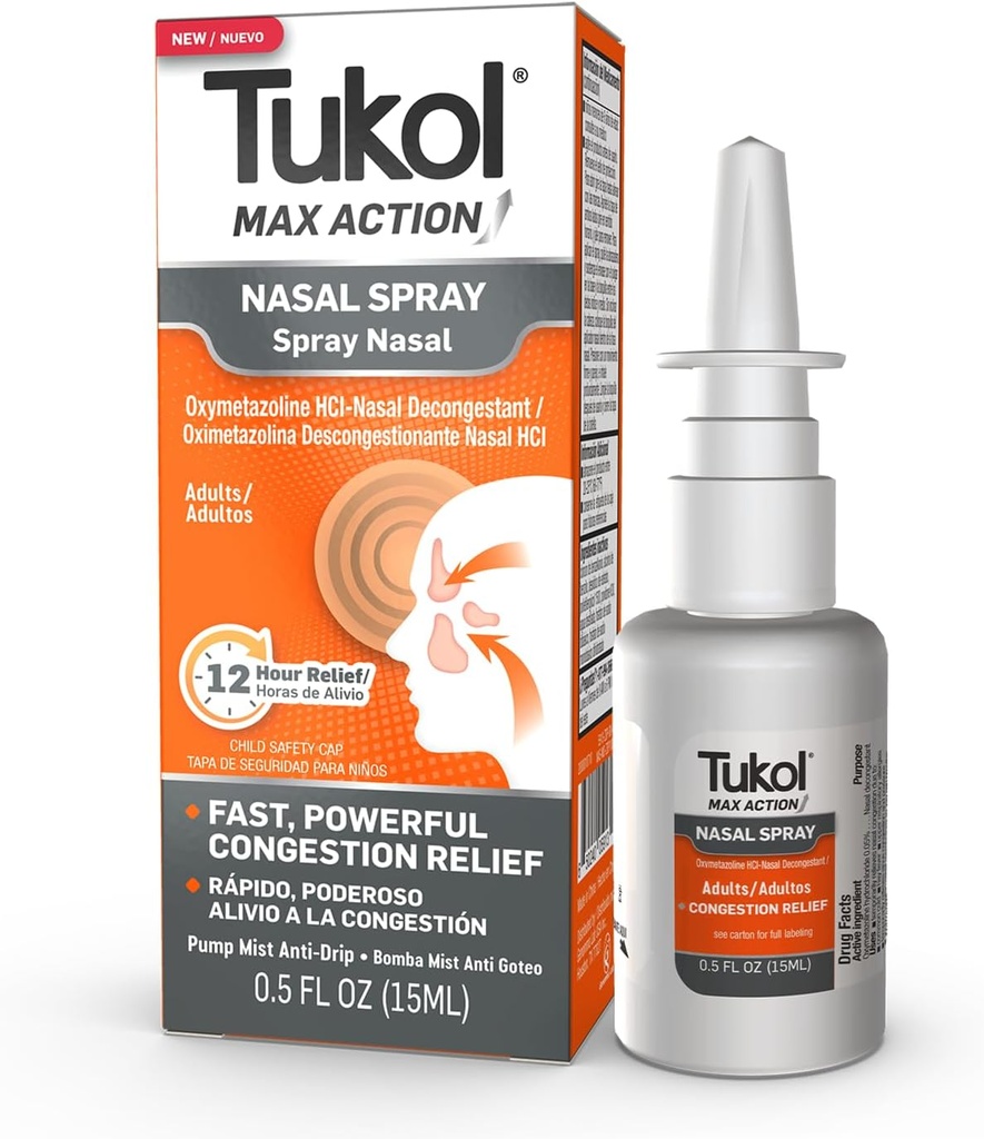TUKOL Max Action Nasal Spray , Oxymetazoline Nasal Dekongestant Spray täiskasvanutele , Fast Stuffy Nina & Siinus Ummistus Relief , 12- tunni nina spray dekongestant , 0,5 fl oz
