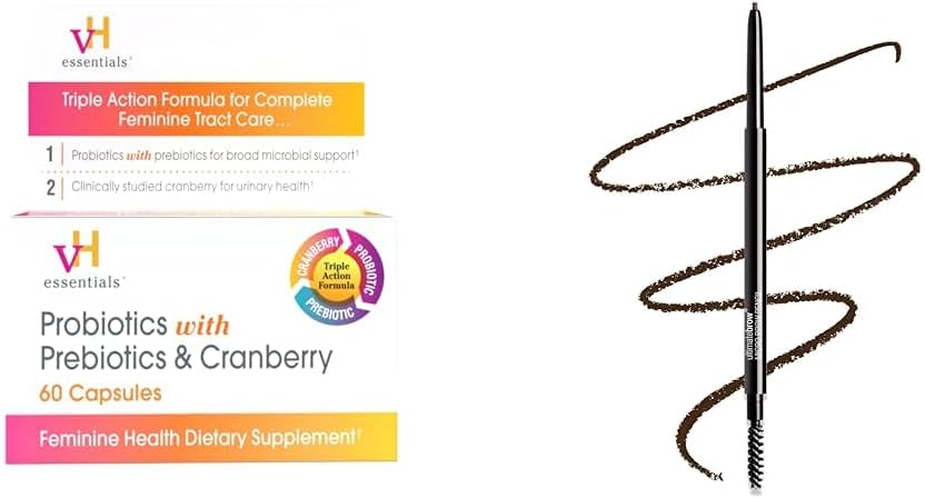 vH olulised probiootikumid prebiootikumidega ja Cranberry Feminine Health Supplement 60 kapslit ja märg n metsik Ultimate Brow Micro Eyebrow sissetõmmatav pliiats Dark Brown Ultra Fine 1,5mm Tip