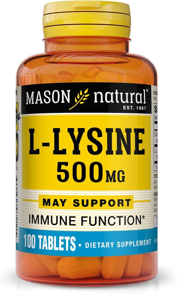 MASON NATURAL L-Lüsiin 500 mg koos kaltsiumiga - paranenud immuunfunktsioon, täiustatud toitainete imendumine, essentsiaalne aminohape, 100 tabletti