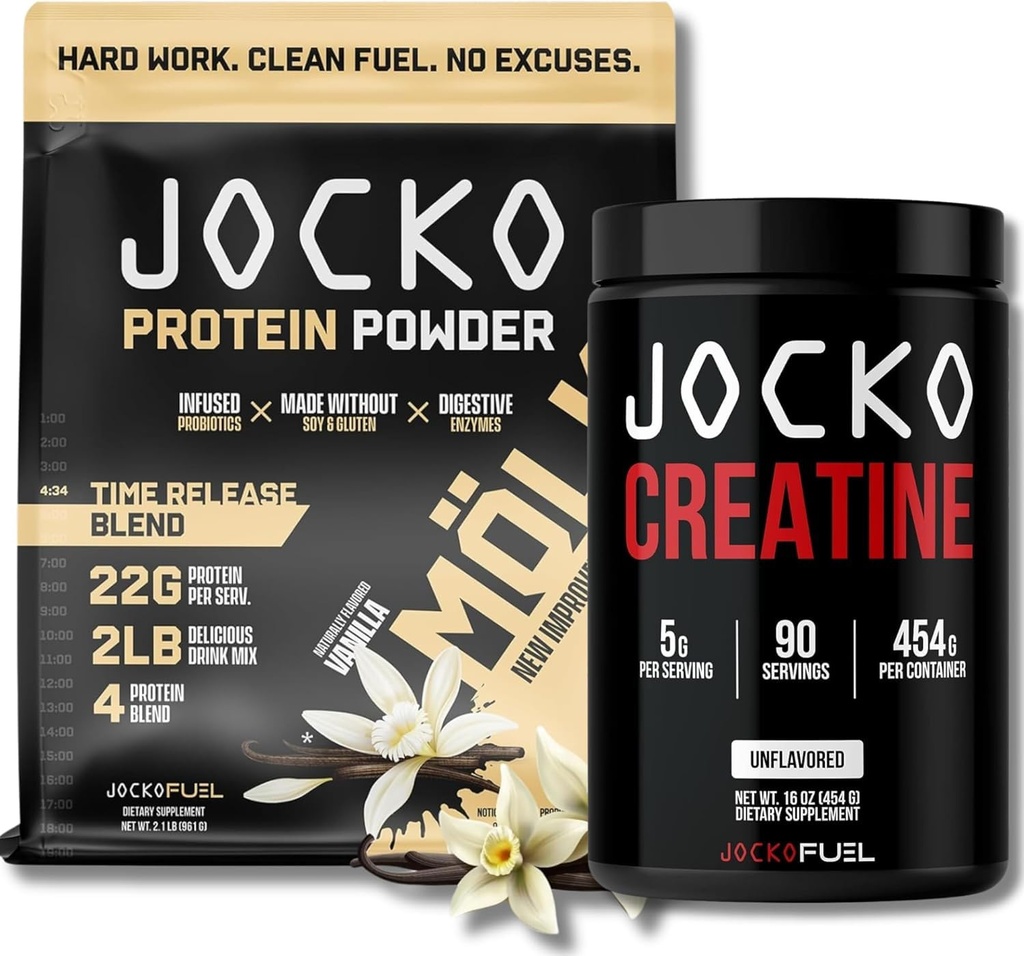 Jocko kütusekomplekt - Vanilla Mölk valgupulber + kreatiini monohüdraadi pulber meestele ja naistele - atelilise jõudluse, taastumise ja lihaste kasvu komplekt