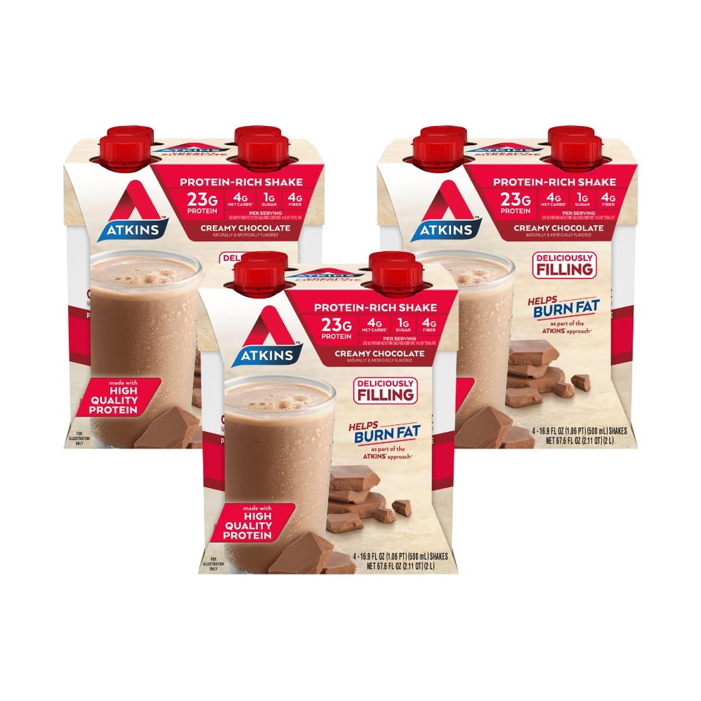 Atkins Creamy Chocolate Meal Protein Shake, 23 g valku, Madal Glükeemiline, 4 g Net Carb, 1 g Suhkur, Keto Sõbralik, 12 Count