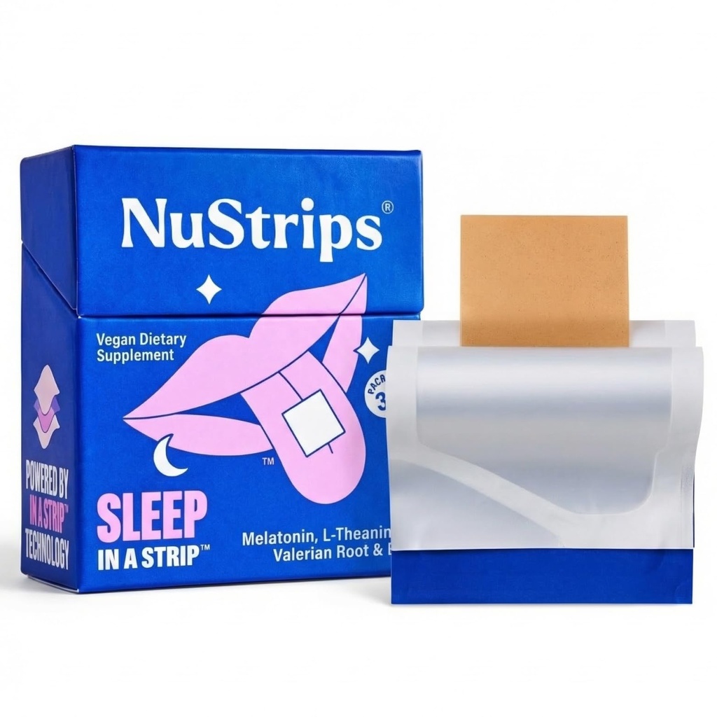 NuStripsTM Kiiresti lahustuvad uneribad 5 mg melatoniiniga, Valerian Juur, L-Theanine ja vitamiin B6 - mustikamaitse - looduslik uneabi, vegan, mitte-GMO, gluteenivaba - kukkumine kiiresti (30 riba)