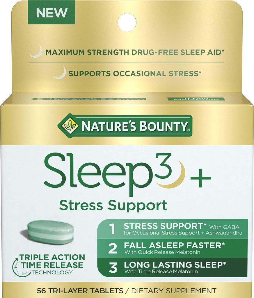 Nature's Bounty Stress Support Plus Melatoniin, Sleep3 maksimaalne tugevus 100% Ravimivaba une abi, toidulisand koos Ashwagandha, Time Release Technology, 10mg, 56 Tri-Layered Tablets