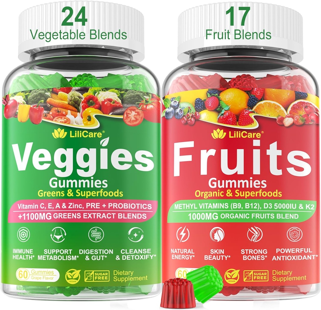 Suhkruvabad puuviljad ja köögiviljad Gummies w / D3K2, B9, B12, magneesium, 41+ looduslikud supertoidud puuviljad ja köögiviljad Täiendus seedetrakti ja soolestiku toetamiseks, energia, toitainete tasakaal, antioksüdant mitte-GMO 2 pakett