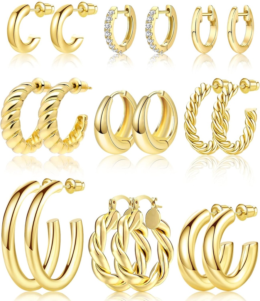Adoyi 9 paari kuldkonksu kõrvarõngad, mis on mõeldud naistele Twisted Huggie Hoops Kõrvarõngad 14K 18K kuld tüdrukutele Valentines Emapäeva sünnipäevakingid Kergekaalu
