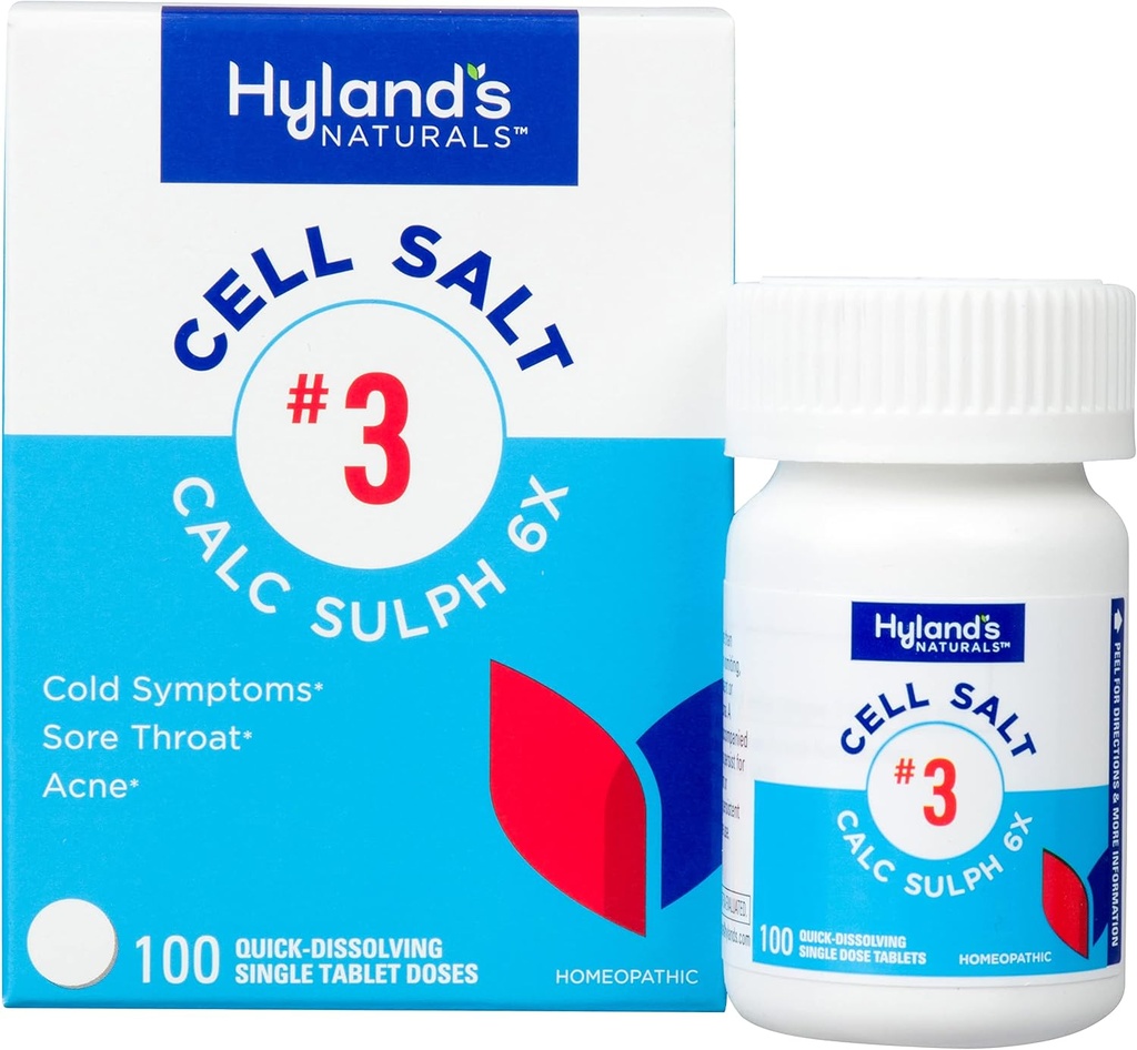 Hylandi rakusool No. 3 Calc Sulph 6X tabletid, külma leevendamine, looduslik homöopaatiline külma leevendamine, valulik kurk, akne, kiire lahustuv tablett, 100 loend