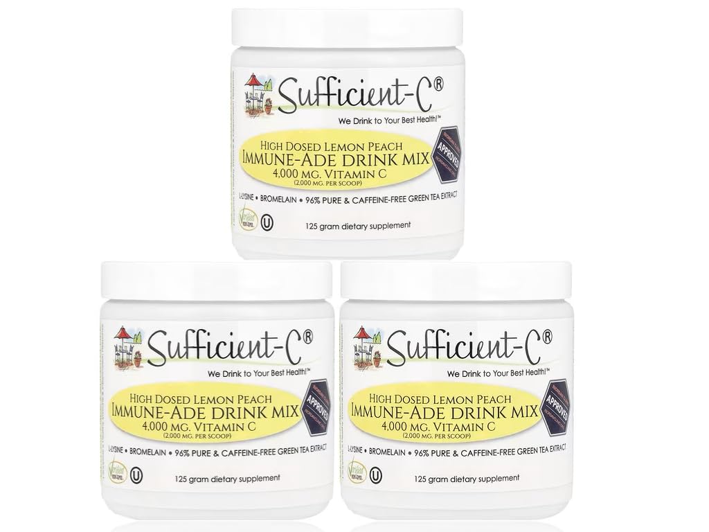 Sufficient-C High Dose Vitamin C Lemon Peach Immune-Ade Drink Mix - 125 gram Three (3) Pack