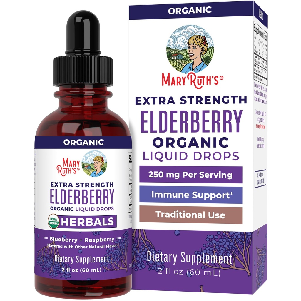 MaryRuth Organics Elderberry Syrup Extra Tugevus, USDA Orgaaniline Elderberry, Sugar Free Adults & Kids Immune Support Supplement for Ages 1+, Clean Label Project Verified®, Vegan, Gluteenivaba, 2 Fl Oz