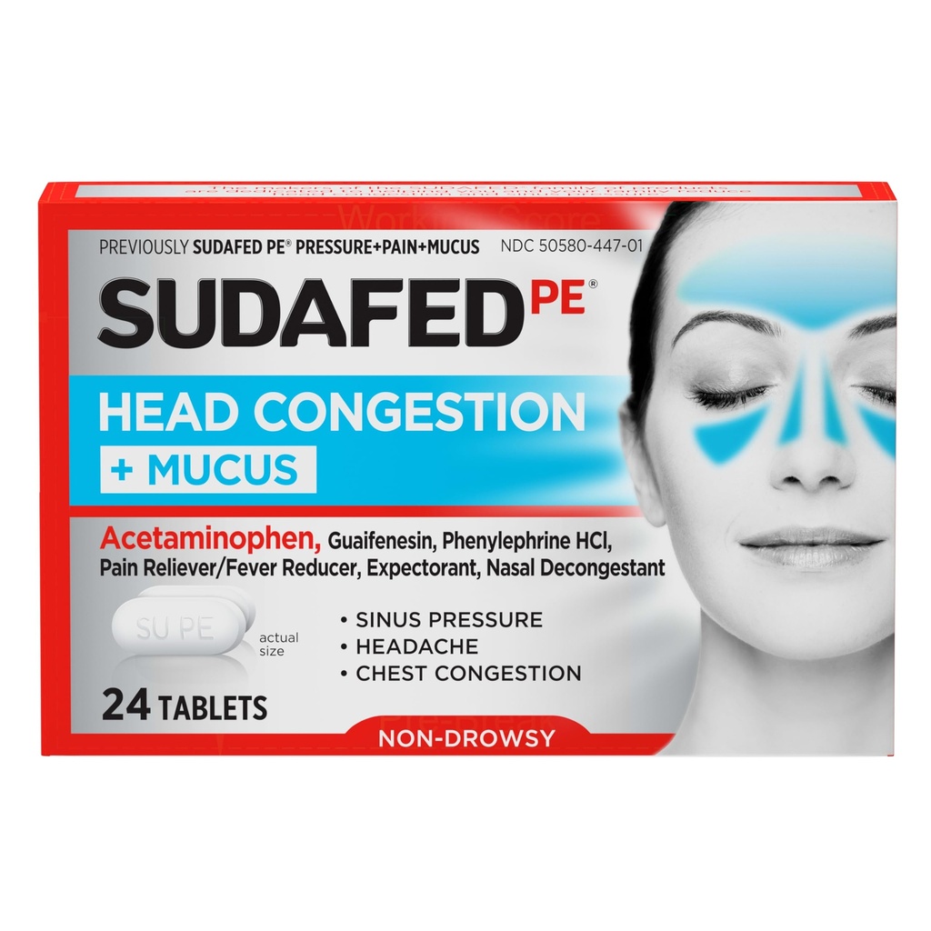 Sudafed PE pea ummistus + lima leevendamise tabletid siinusrõhu, ummikute ja peavalu jaoks, mitte-uimastav dekongestant atsetaminofeeniga, Guaifenesiin & Phenylephrine HCI, 24 ct