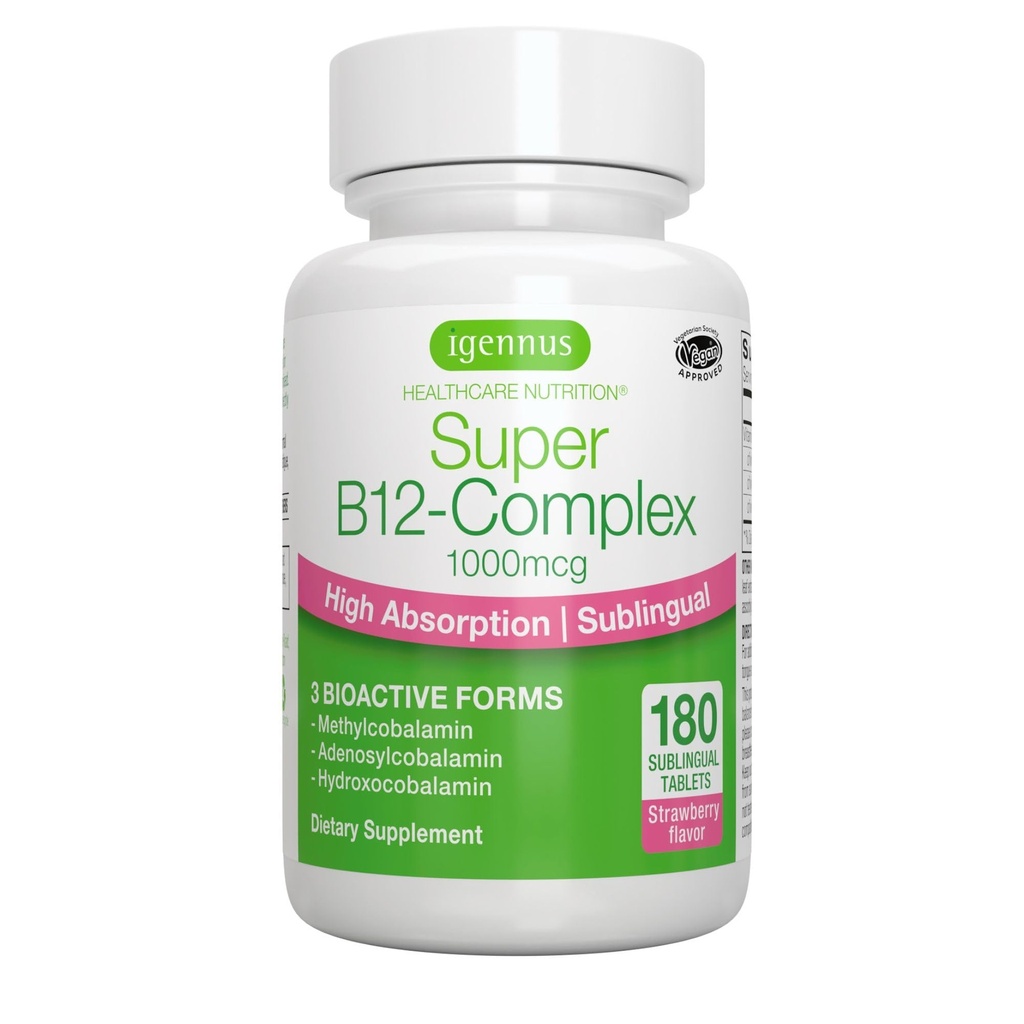 Igennus Sublingual Vitamiin B12 Complex 1000mcg, metüülmetüülkobalamiin, adenosüülkobalamiin ja hüdroksükobalamiin, kõrge imendumine ja puhas, 180 serveerimist, suhkruvaba ja vegan