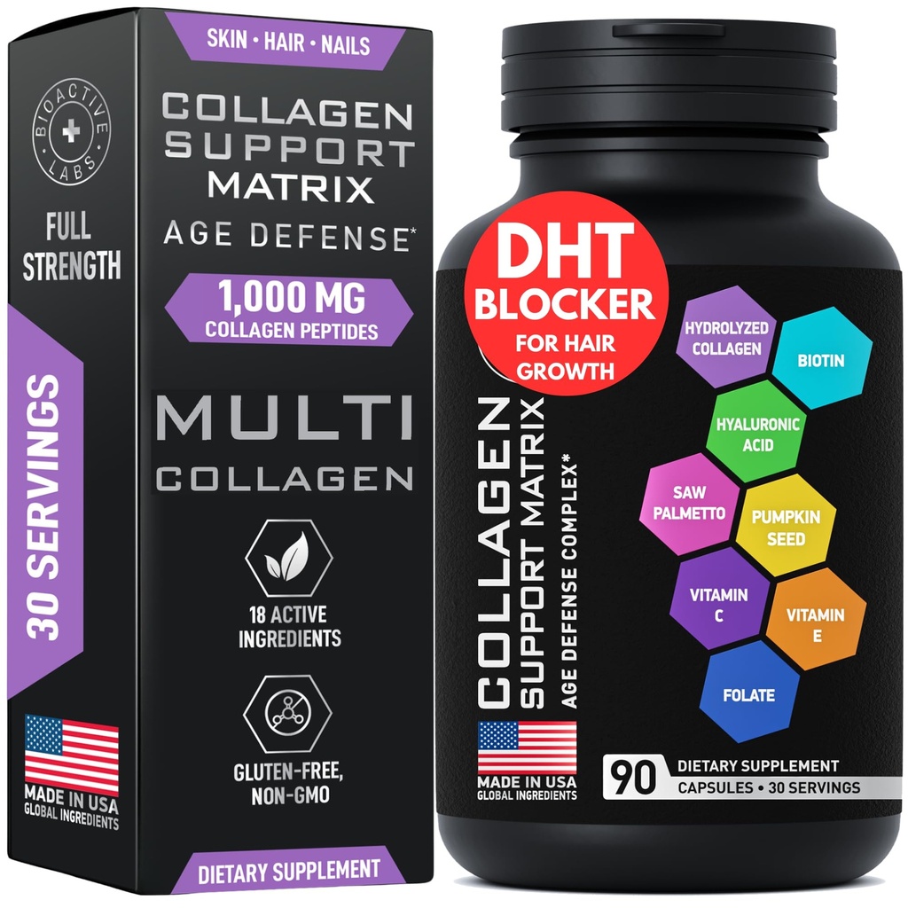 Vanusekaitse Ilu kollageen Matrix - 2000mg Multi kollageen Biotin Keratin Hüaluroonhape Saw Palmetto Vitamiin C Supplement Complex - DHT Blocker meestele ja naistele juuste kasvu - 90 gluteenivaba kapslid