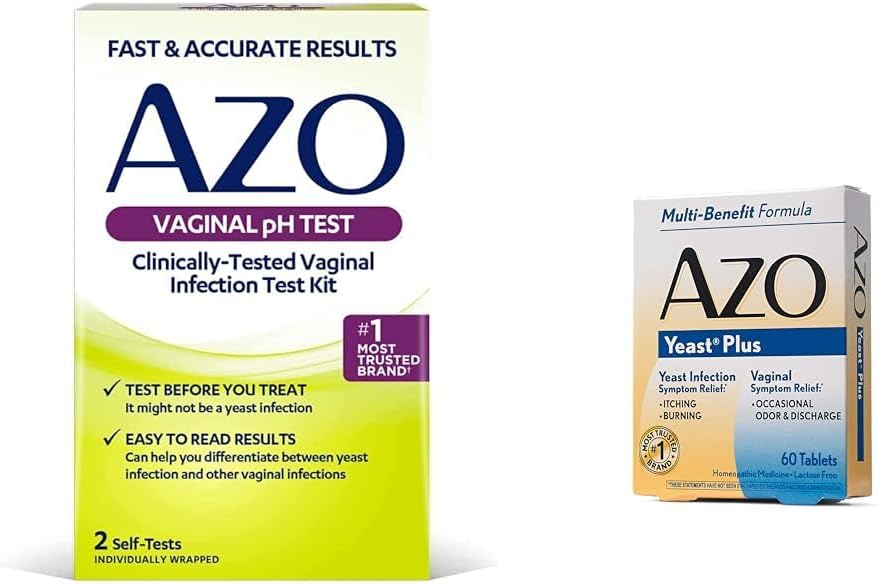 AZO Vaginaalse pH-testi komplekt ja pärmiinfektsiooni leevendavad tabletid, kliiniliselt testitud infektsioonitesti komplekt 60 pärmiinfektsiooni ja tupe sümptomite leevendamise tablettidega