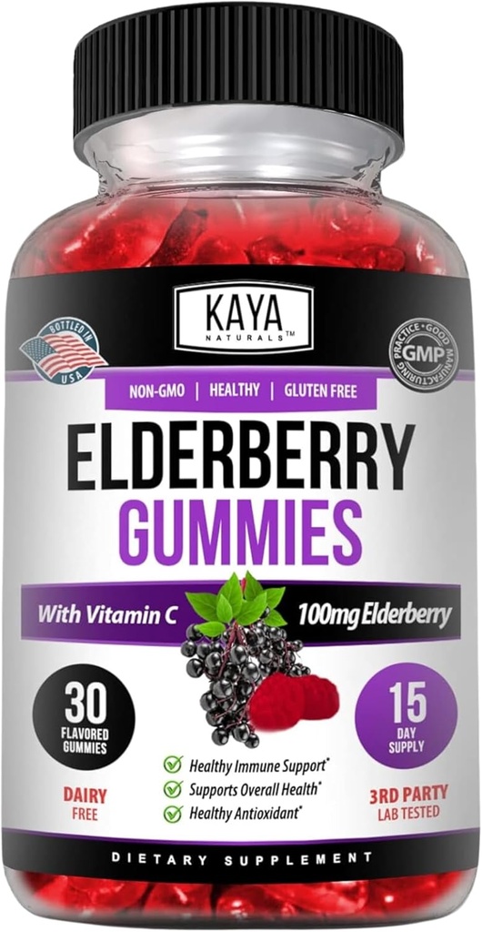 Kaya Naturals Immune Support Taimetoitlane Vitamiin Gummy, Tsink, C-vitamiin, Elderberry, E-vitamiin, Sidrunimaitse (30 Gummies)