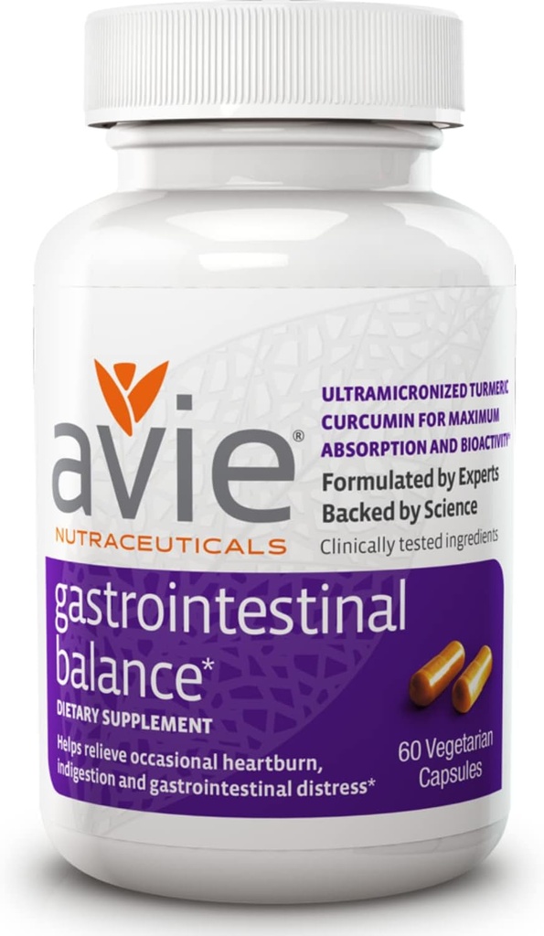 Avie NUTRACEUTICALS Gastrointestinal Balance Curcumin Supplement (60 kapslit) | Kurkum koos lagritsa juure ja magneesiumiga kõrvetiste, happe refluksi ja seedehäirete leevendamiseks - Gluteenivaba, GMP-sertifitseeritud