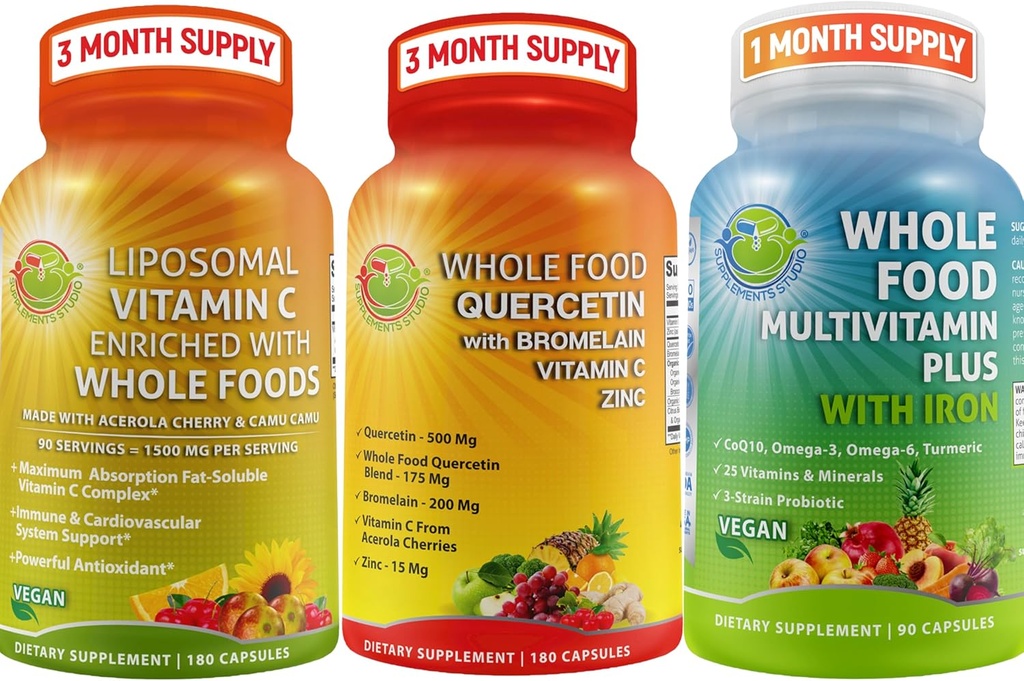 Complete Daily Vitamins - Quercetin with Bromelain Supplement Bundle Up with Multivitamin Plus for Men & Women with Iron and Liposomal Vitamin C Liquid Gel - for Immune, Respiratory, Digestive Support