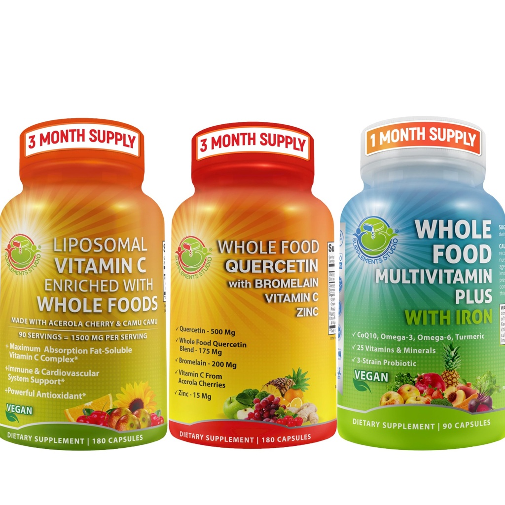 Täielik igapäevased vitamiinid - Quercetin koos Bromelain Supplement Bundle Up koos multivitamiini Plus meestele ja naistele Raud ja Liposomaalne Vitamiin C Vedel geel - Immuunsüsteemi, hingamisteede, seedetrakti tugi