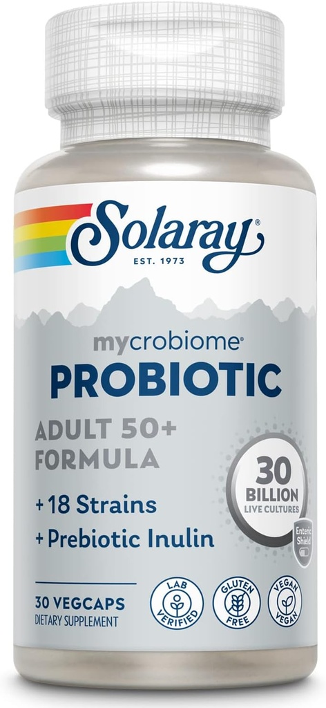 SOLARAY Mycrobiome probiootiline täiskasvanu 50 Plus valem, probiootikumid naistele ja meestele, tervislik seedimine, ainevahetus, energia, käärsoole ja kuseteede tugi, 30 miljardit CFU, 30 Servings, 30 VegCaps