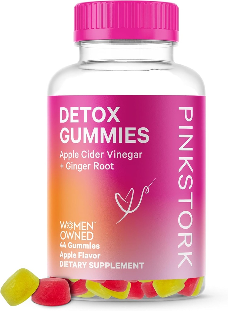 Pink Stork Detox Gummies, Apple Siider Äädikas Gummies koos ingveriga, et aidata toetada puhumist, soolestiku tervist ja seedimist, närimistable ACV Gummies - 44 Count, 1 pakend, 0,3 naela