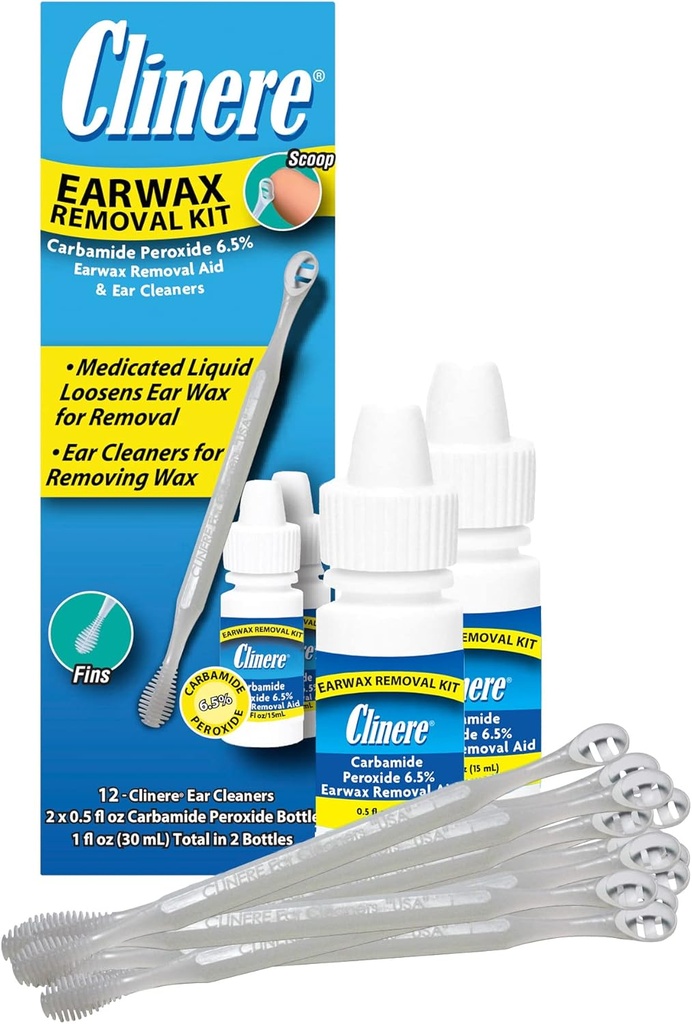 Clinere Earwax Eemaldamiskomplekt, ohutult ja õrnalt puhas Kõrvavavaha, Itch Relief, töötab koheselt .5oz Karbamiidperoksiid, 2 x .5 Fl Oz 12 pulgagaga
