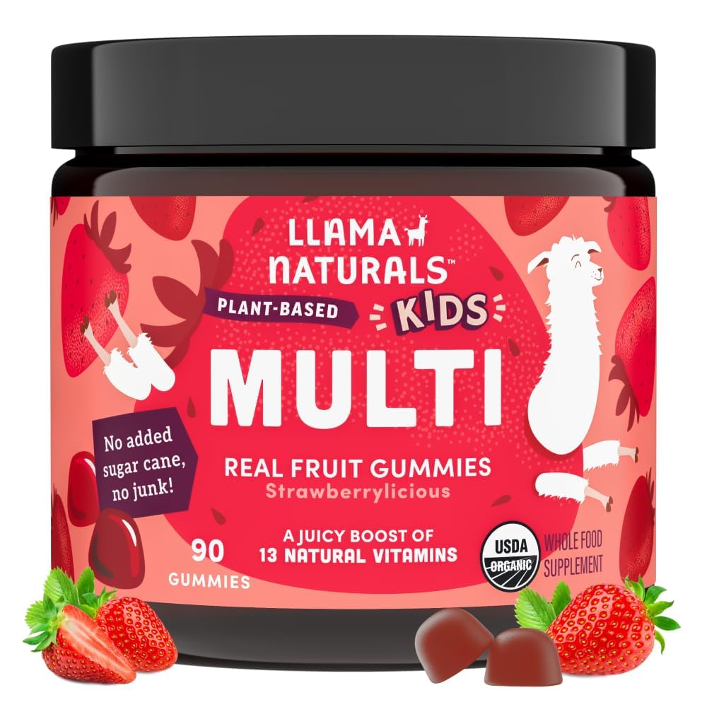 Llama Naturals Kids Multivitamiini Gummies, Vegan, Orgaaniline Vitamiin D, C & K, Väikelapse Real Fruit Gummy Vitamiinid, närimistable Supplement, Terve toit Multivitamiinid, Ei Lisatud Suhkruroog, Maasikas, 90 Ct